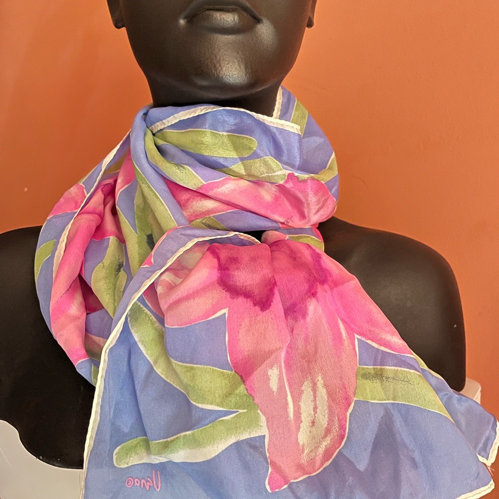 Vintage Vera Long Pink Blue Orchid Pattern Silk Scarf